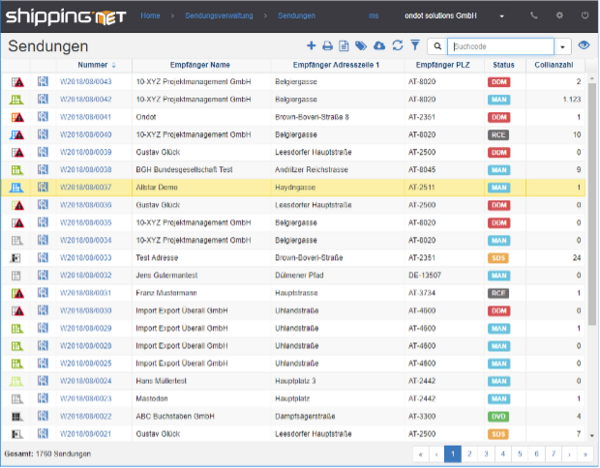 Sendungsmanager zur Verwaltung und Übersicht von Sendungen in der Logistiksoftware
